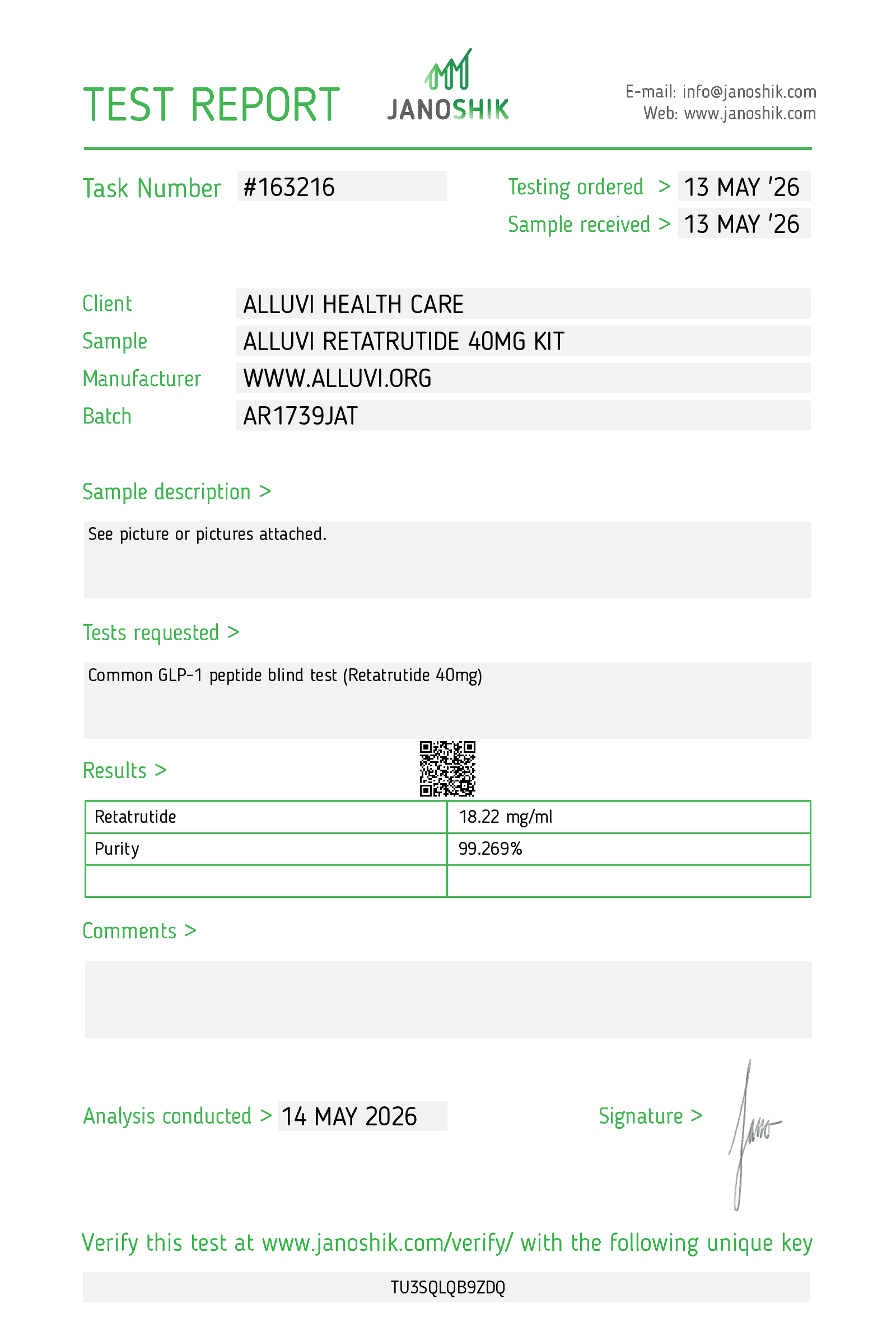 Janoshik · Certificate of Analysis — Alluvi Retatrutide 40mg